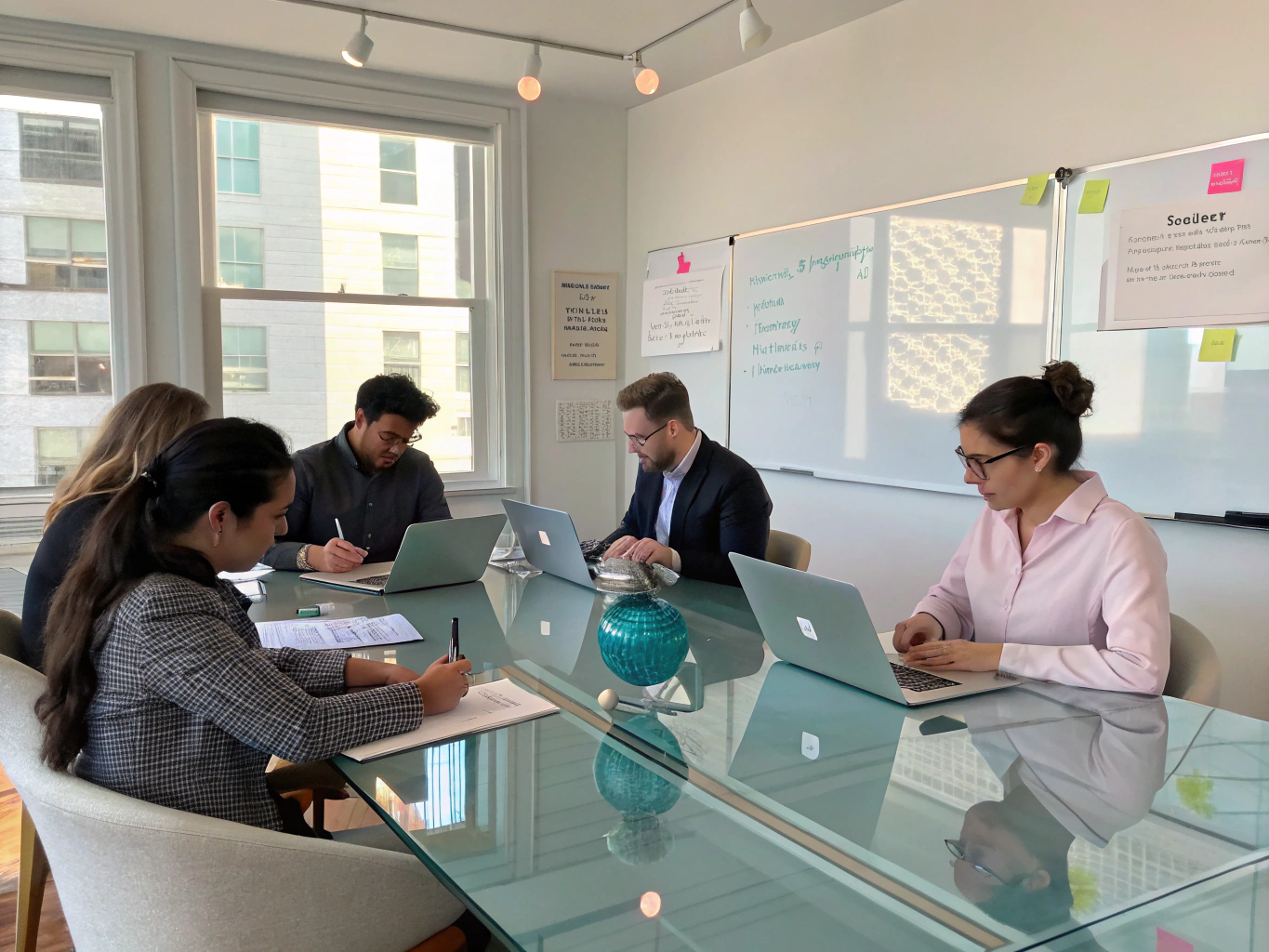 Small business leaders having a practical HR review discussion in an office