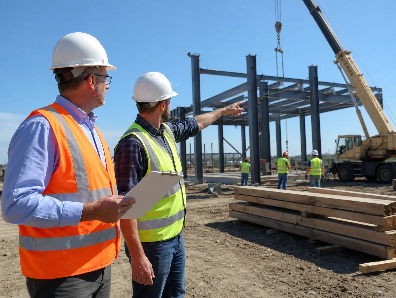Active construction supervisor reviewing site plans with team