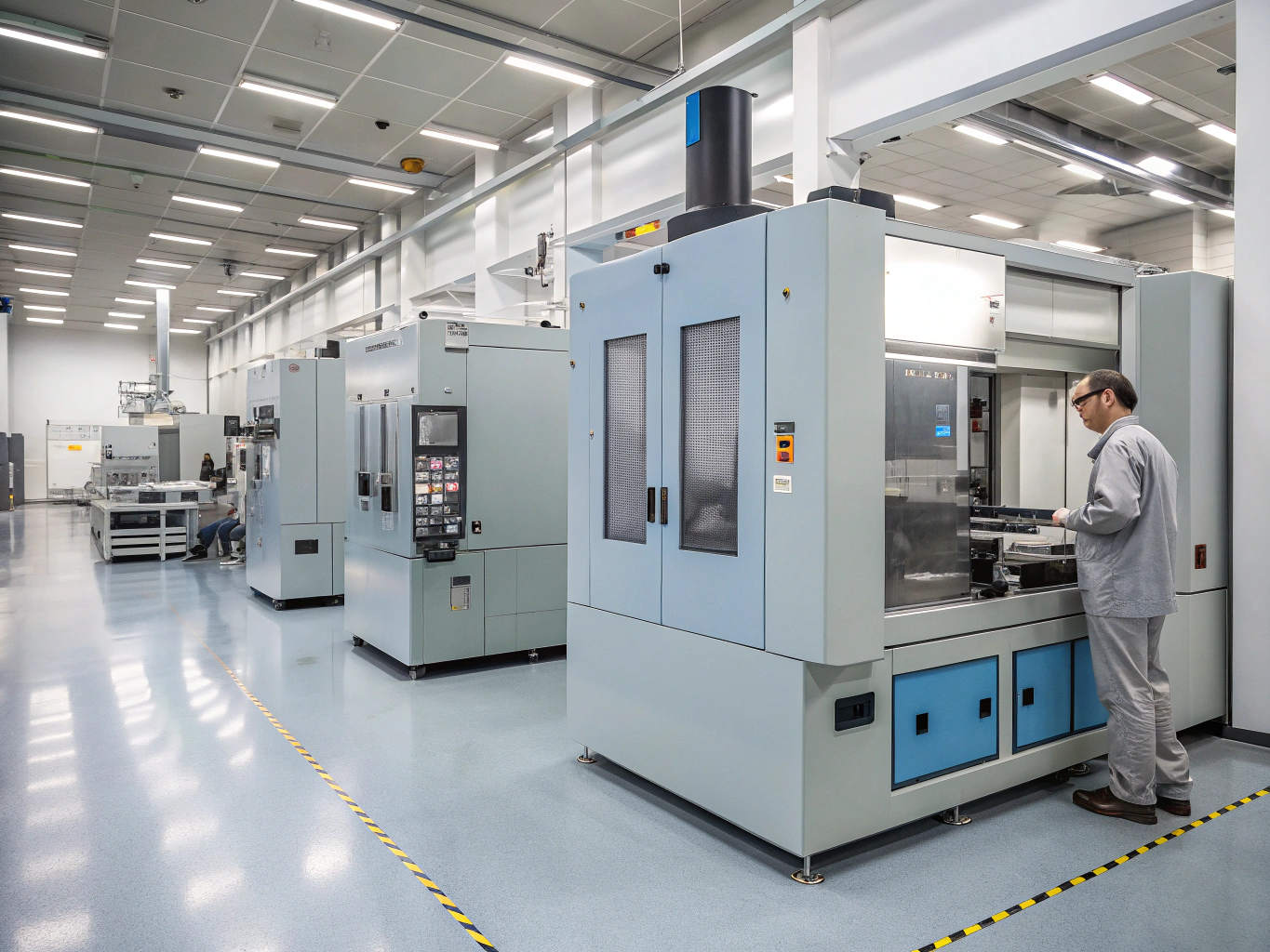 Clean fabrication plant and machine floor with technicians