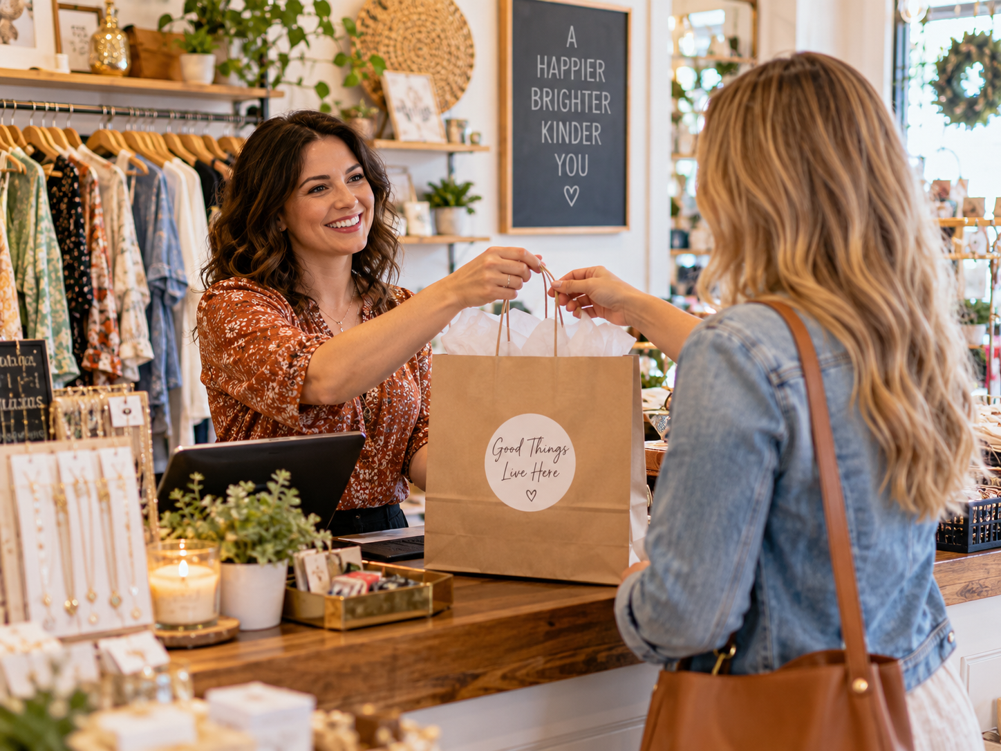 Customer browsing curated products in a boutique retail store, showcasing personalized shopping experience