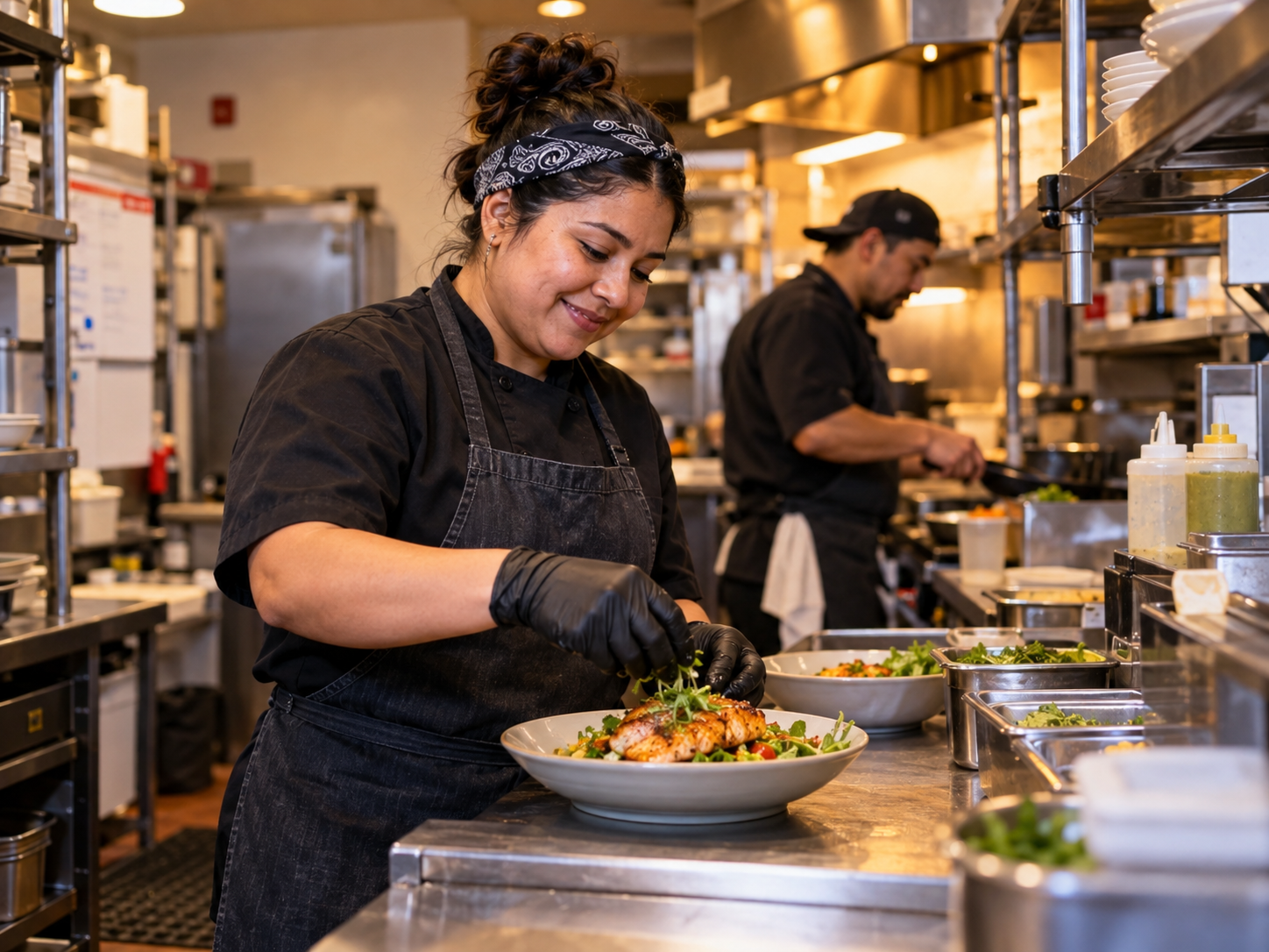 Chef plating a gourmet dish in a professional kitchen