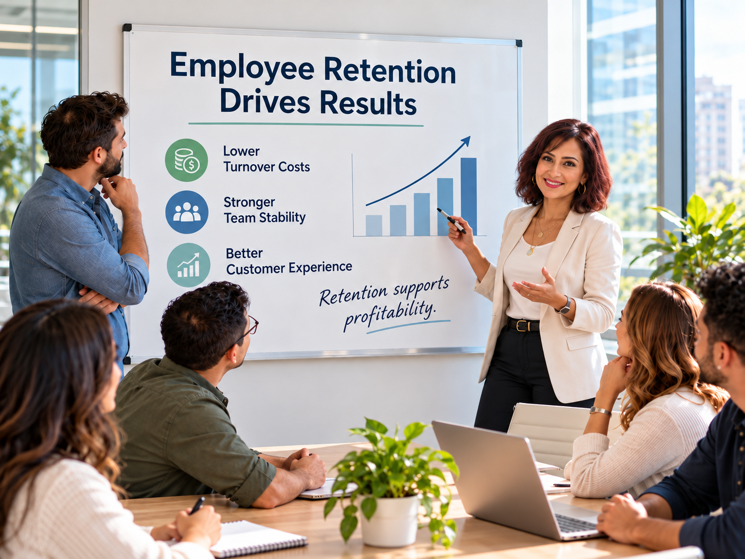 Small business employer and employee discussing workplace retention and support in a modern workspace