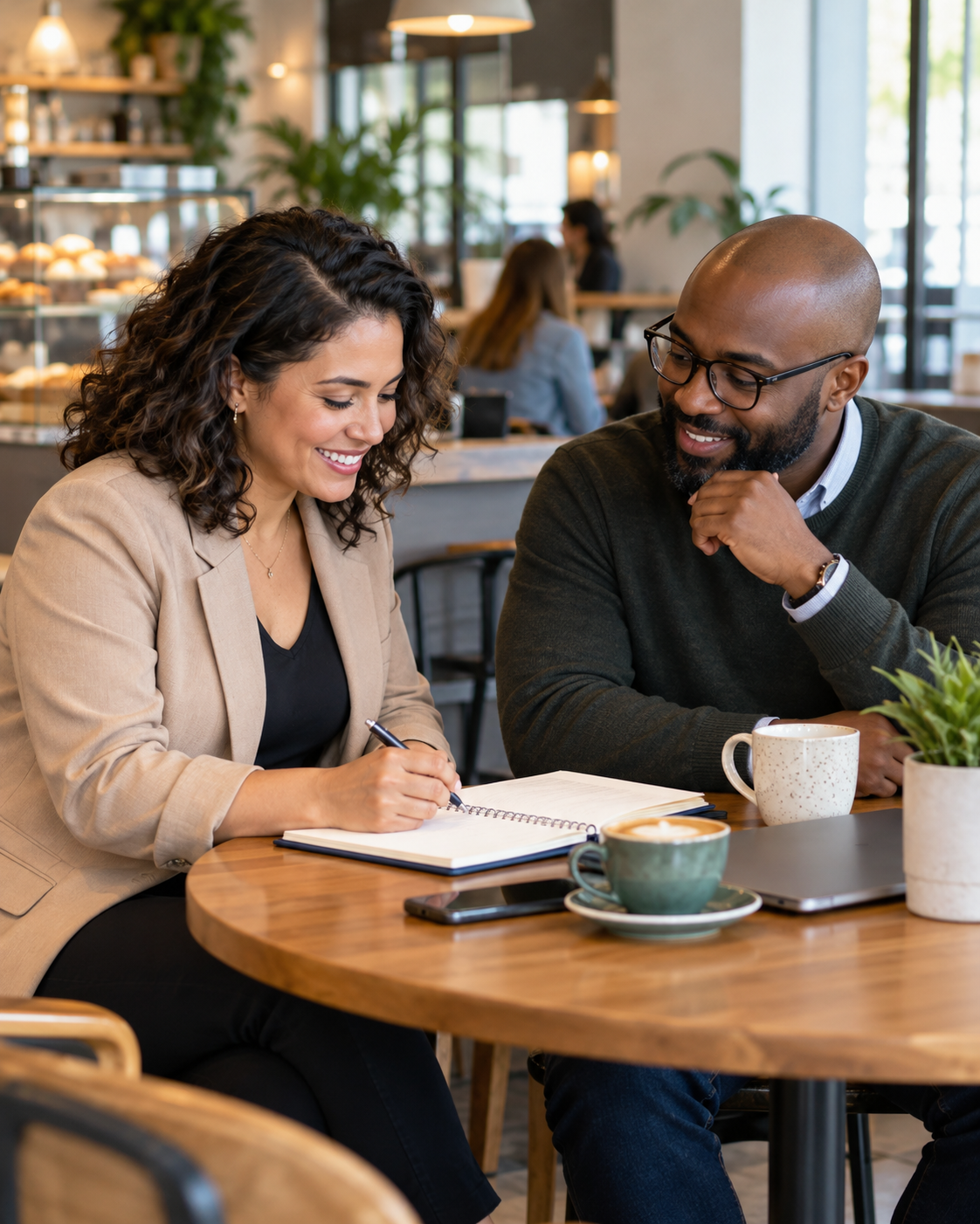 A warm café mentoring session conveying practical HR support, guidance, and partnership in a casual small business setting