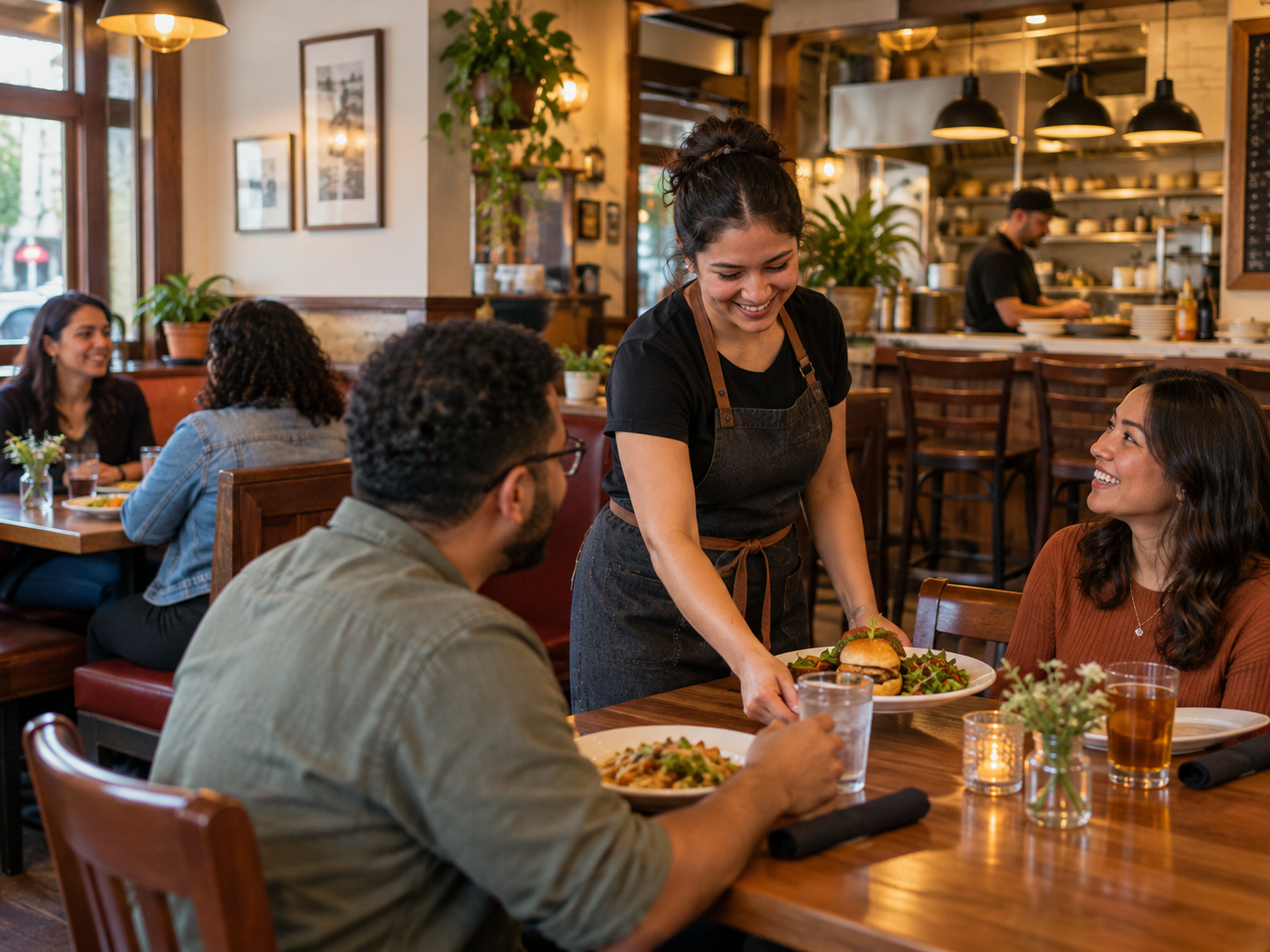 Warm neighborhood restaurant gathering scene with people dining