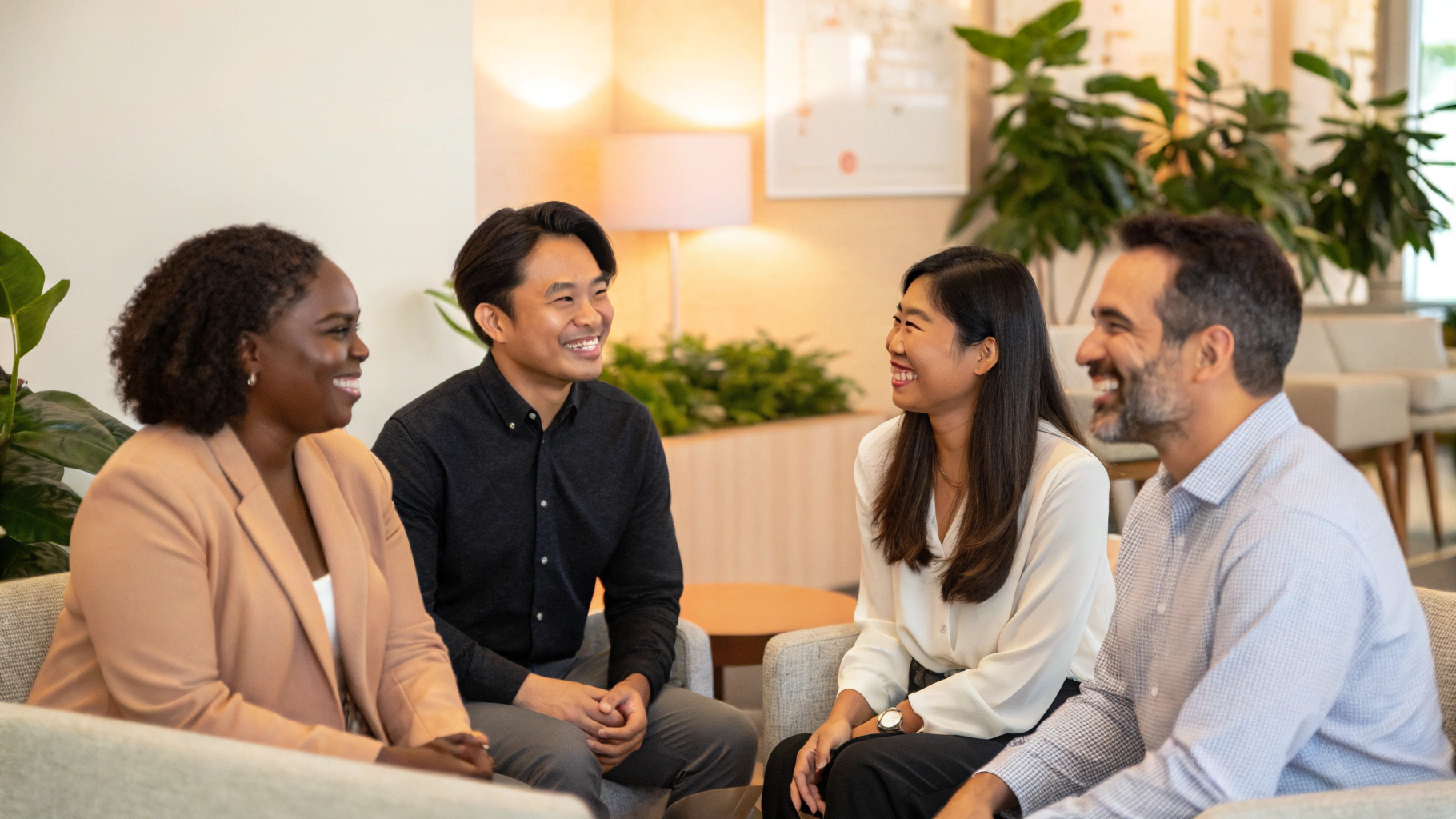 Small business owner and diverse team collaborating naturally in a warm workplace setting