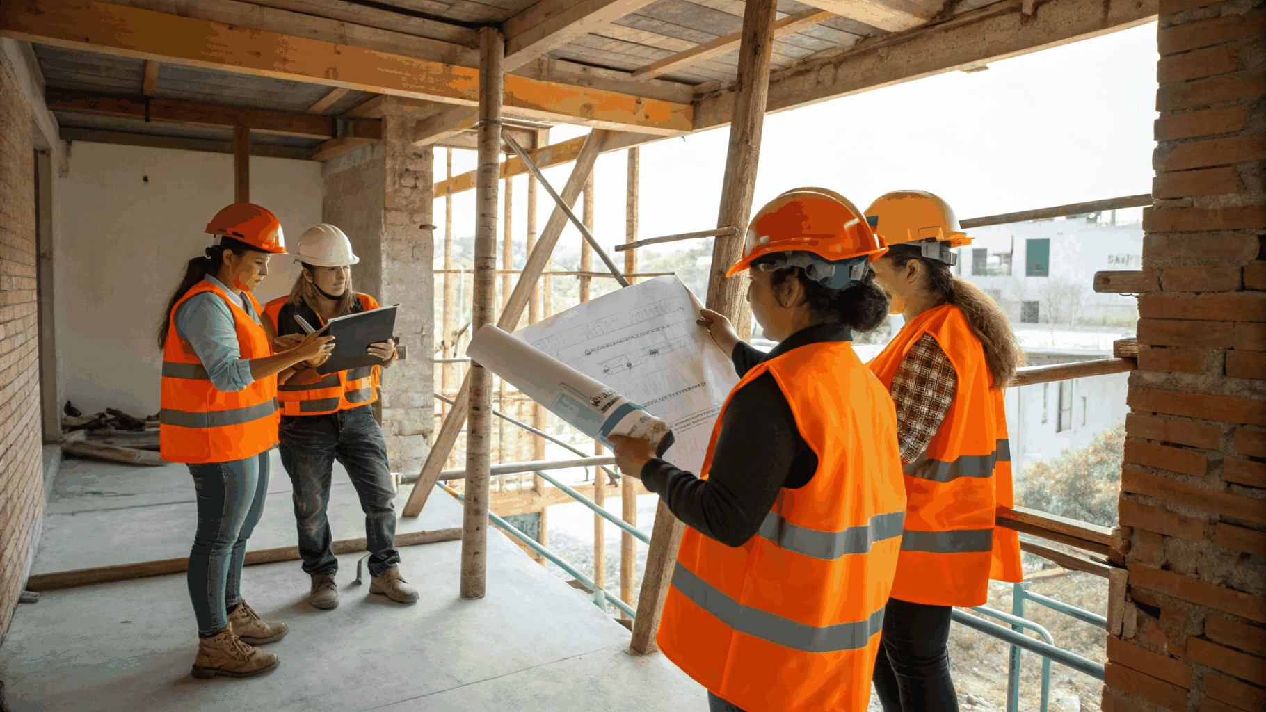 Diverse construction crew and jobsite supervisors reviewing plans in high-visibility vests on an active jobsite