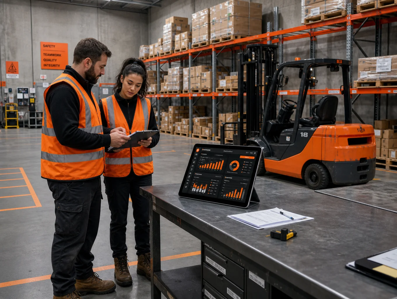 Light industrial facility employees in work shirts and safety vests inspecting operations