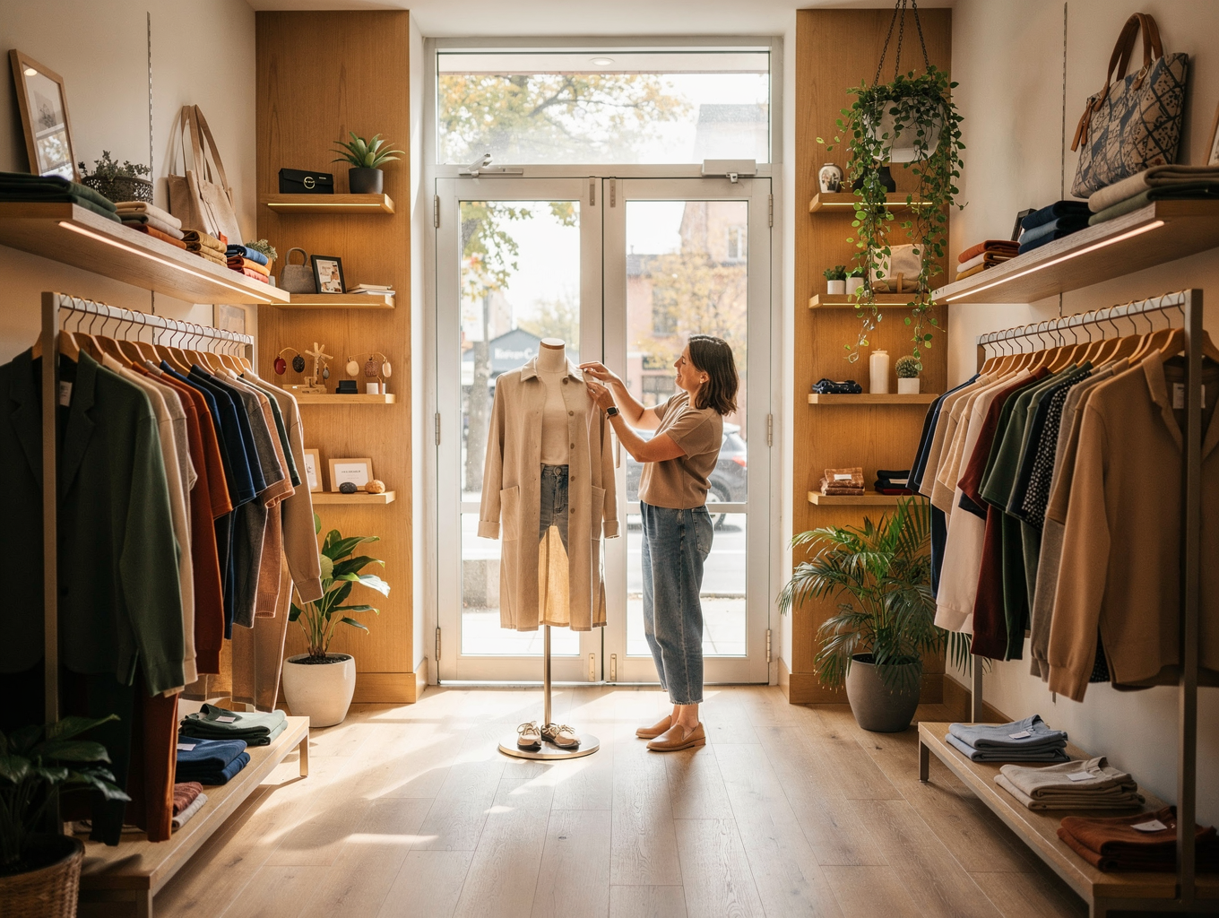Diverse boutique shop staff helping customers in a warm neighborhood specialty retail store