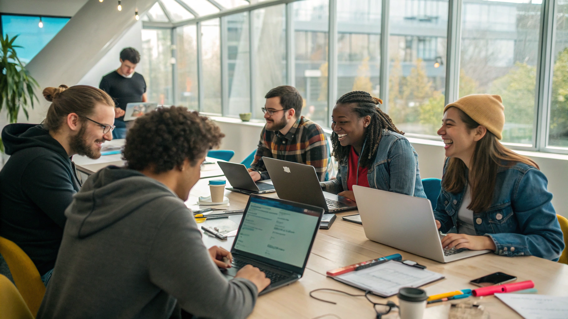 Diverse small startup team collaborating casually around a laptop in a modern light-filled office