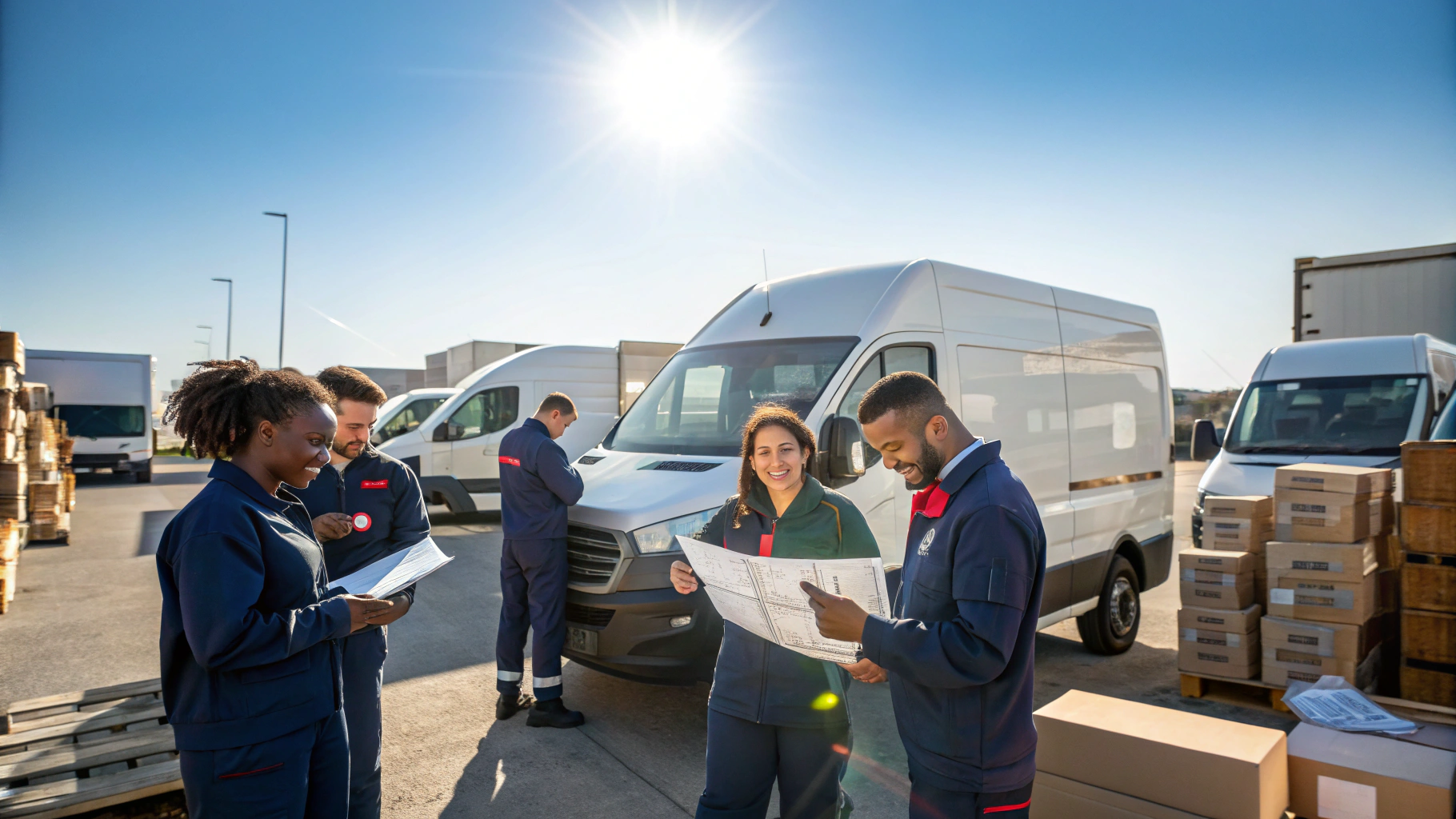 Diverse logistics dispatchers and delivery drivers coordinating route schedules near fleet vehicles